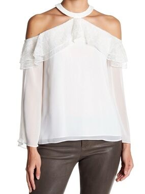 Alice + Olivia White Off-Shoulder Ruffle Chiffon Halter Blouse